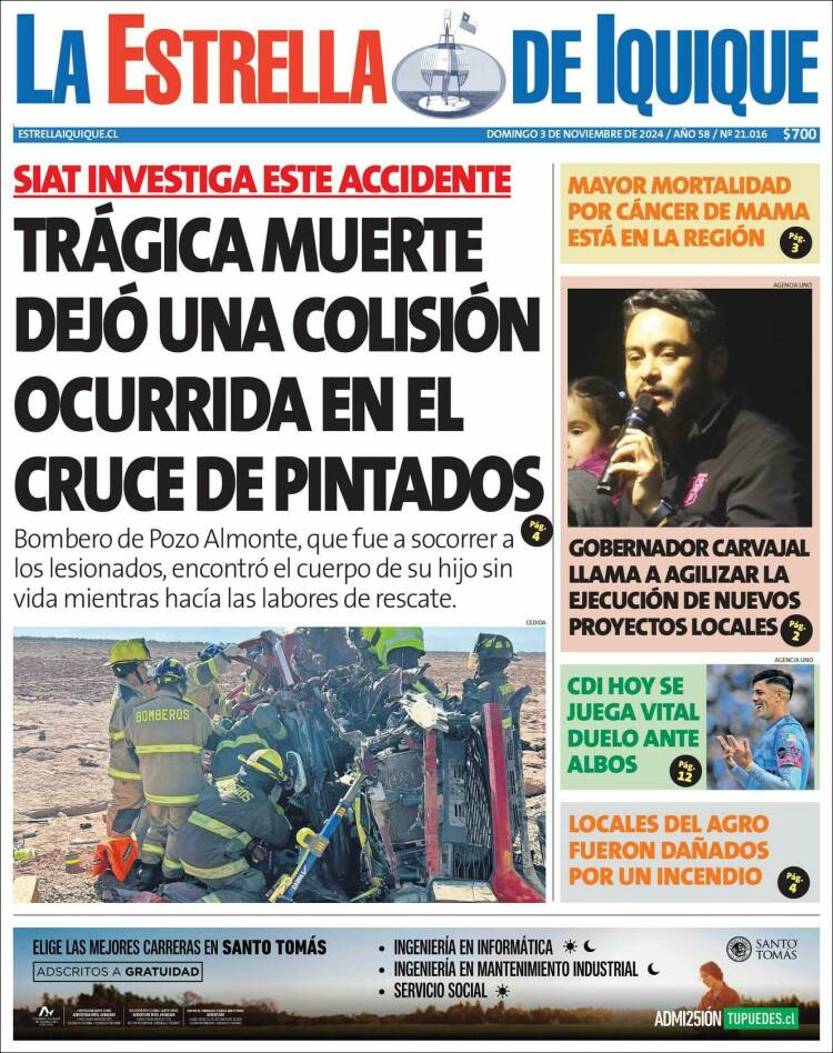 Portada de La Estrella de Iquique (Chile)