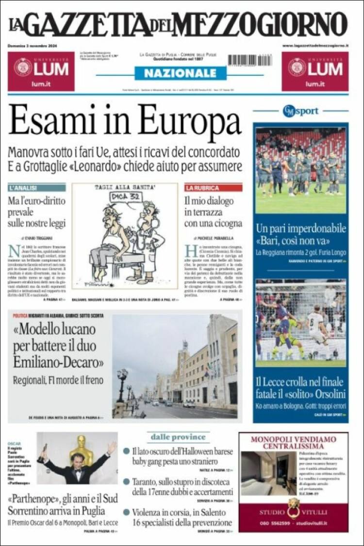 Portada de La Gazzetta del Mezzogiorno (Italia)