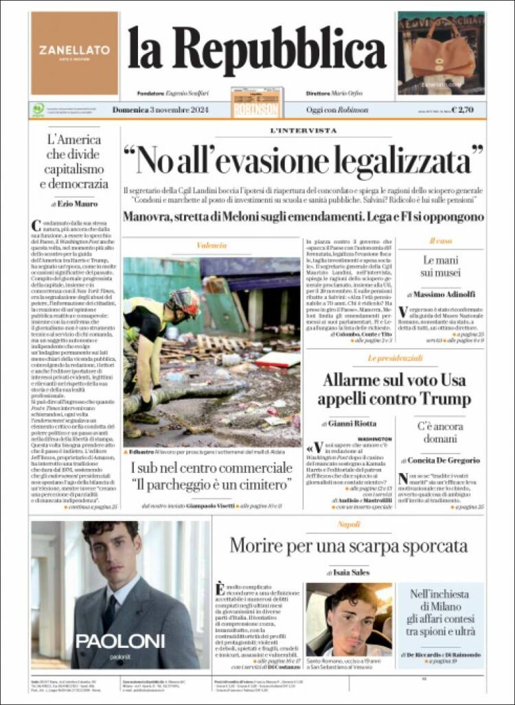 Portada de La Repubblica (Italia)