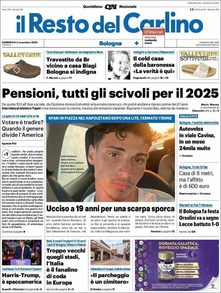 Portada de Il Resto del Carlino (Italia)