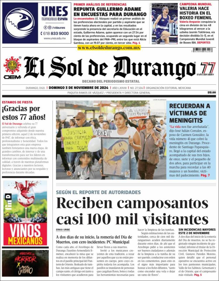 Portada de El Sol de Durango (M&eacute;xico)