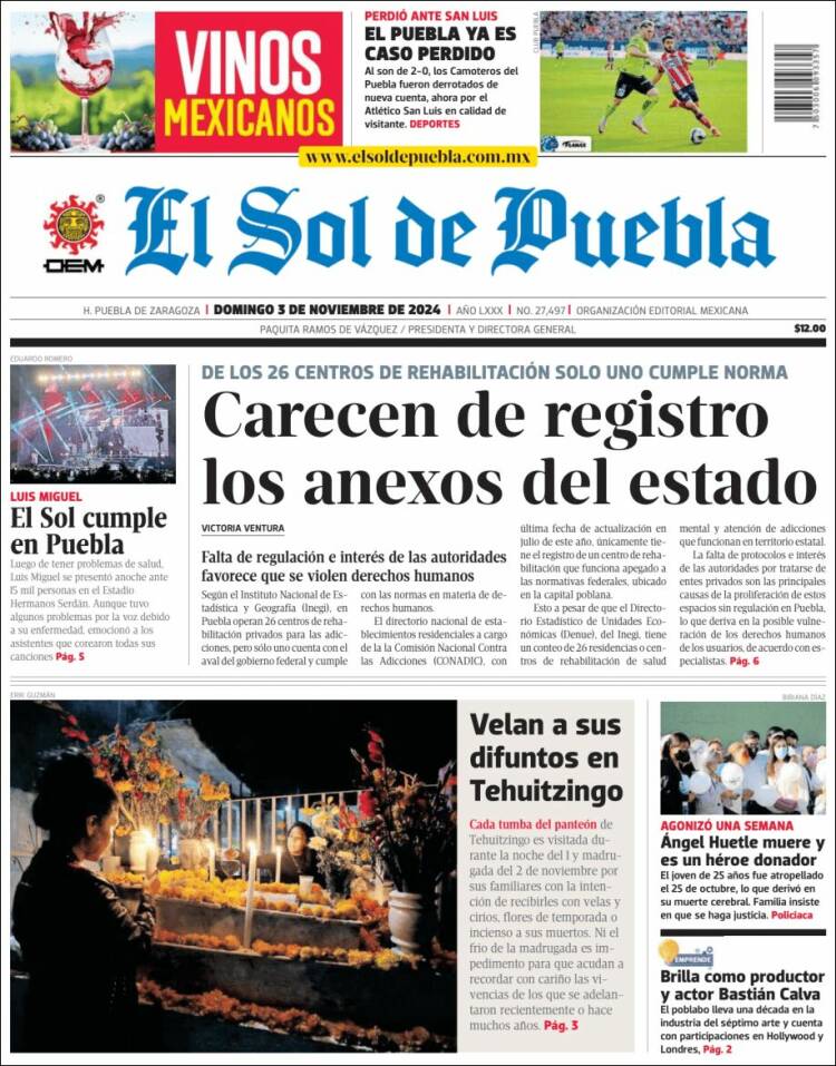 Portada de El Sol de Puebla (M&eacute;xico)