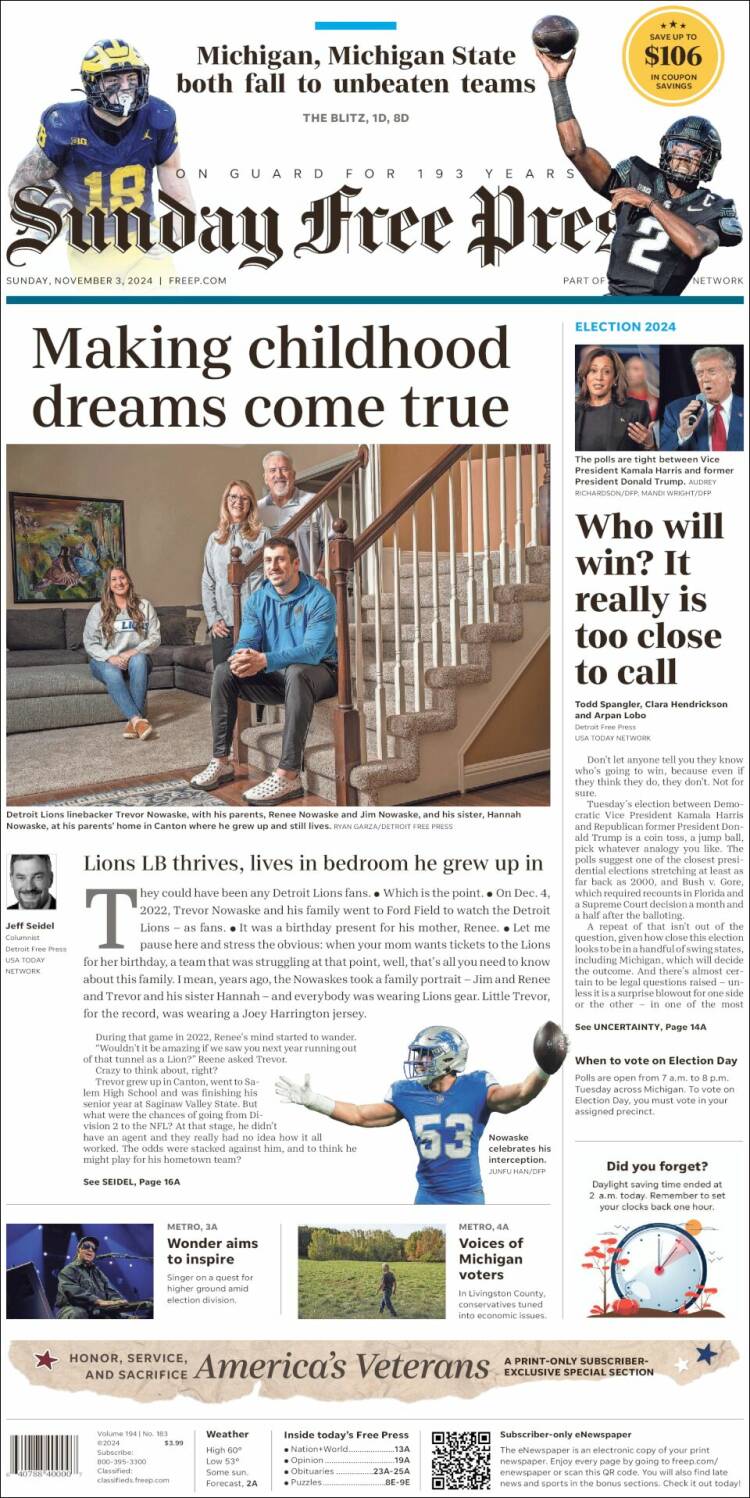 Portada de Detroit Free Press (USA)