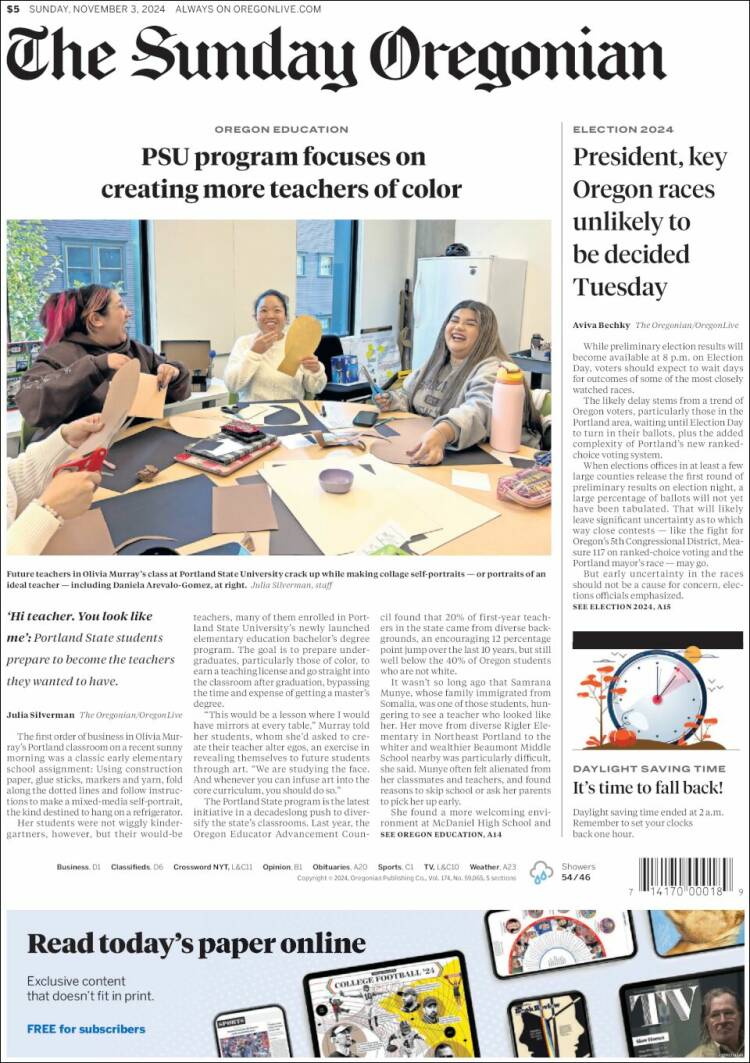 Portada de The Oregonian (USA)