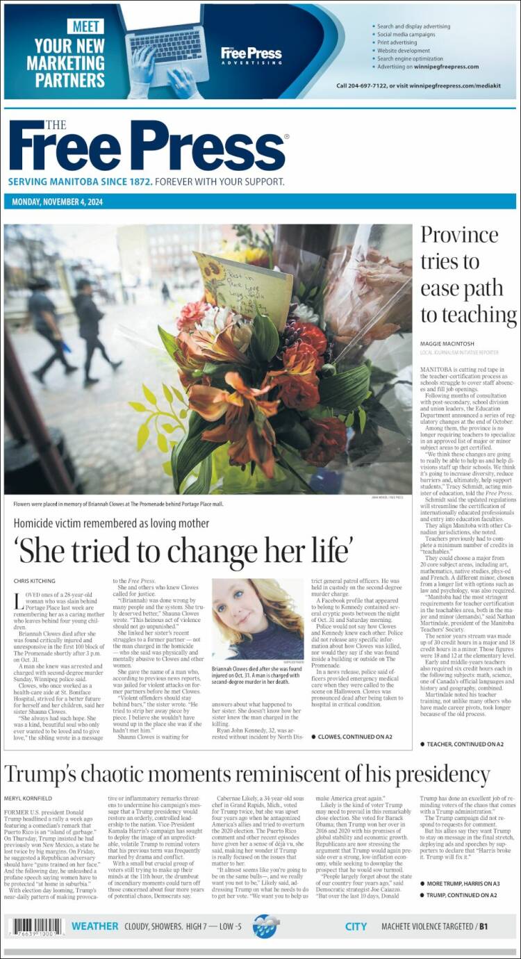 Portada de Winnipeg Free Press (Canadá)