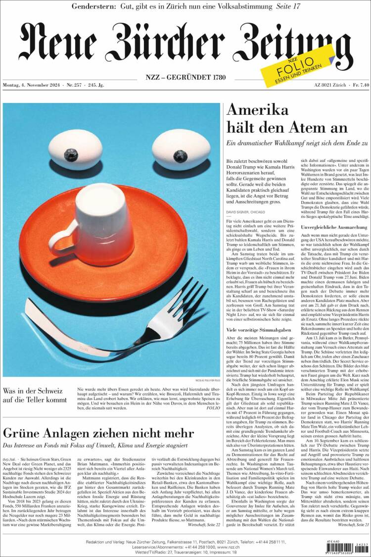 Portada de Neue Zürcher Zeitung (Suiza)