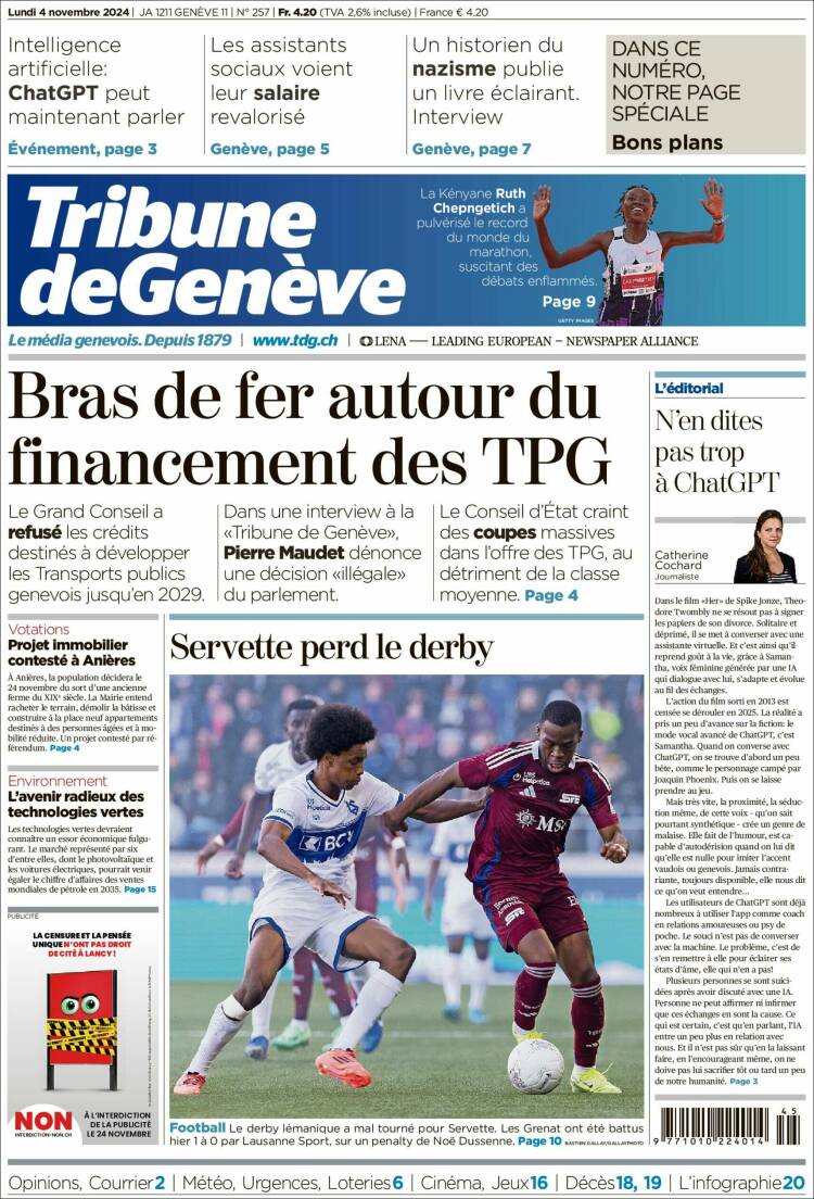 Portada de La Tribune de Genève (Suiza)