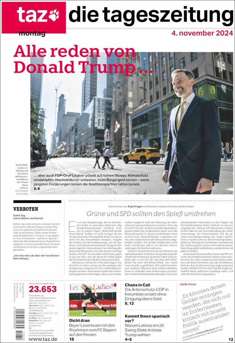 Portada de Die Tageszeitung (Alemania)