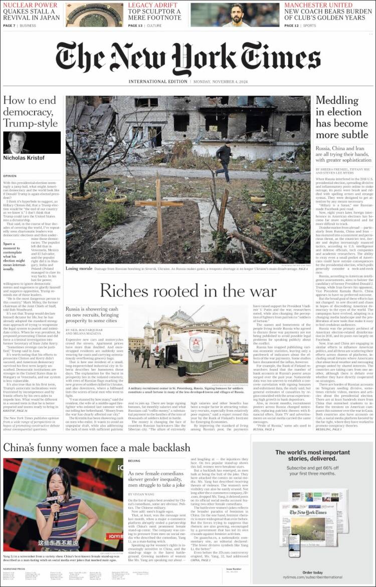 Portada de International New York Times (Europa)
