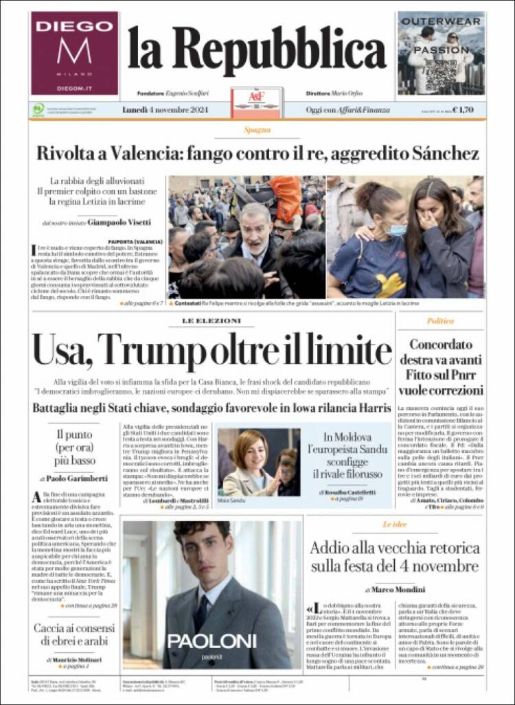 Portada de La Repubblica (Italia)