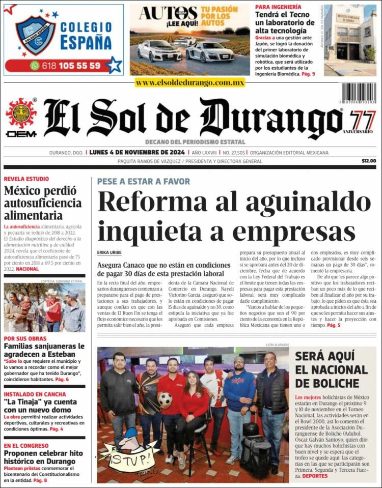 Portada de El Sol de Durango (México)