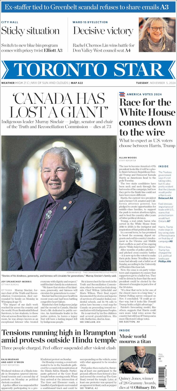 Portada de The Toronto Star (Canadá)