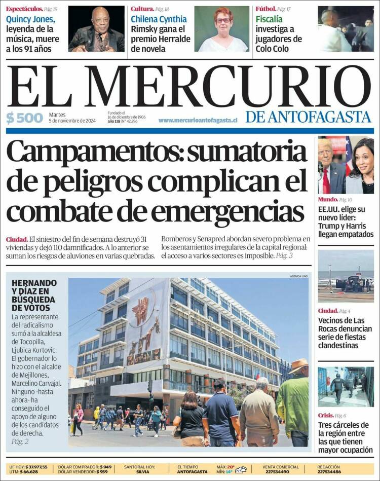Portada de El Mercurio de Antofagasta (Chile)