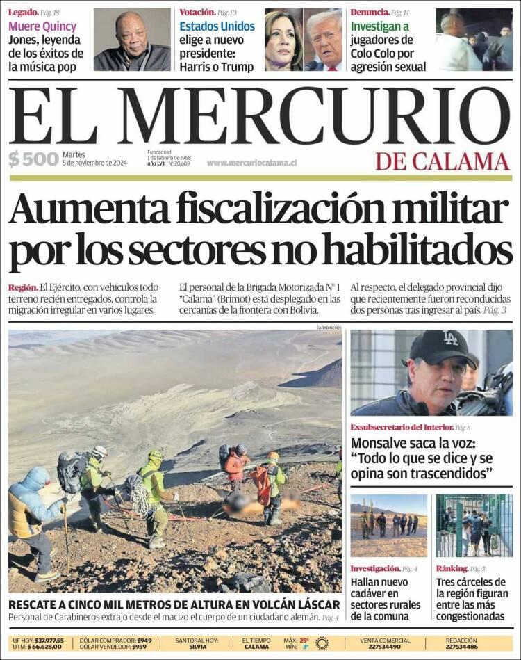 Portada de El Mercurio - Calama (Chile)