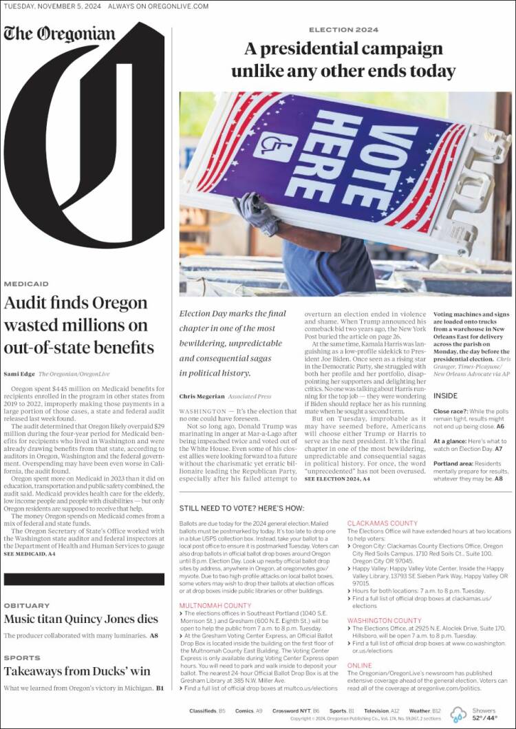 Portada de The Oregonian (USA)