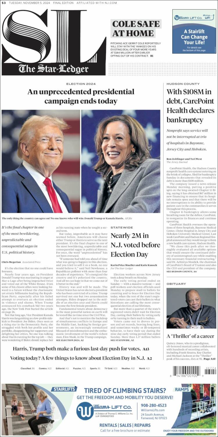 Portada de Star-Ledger (USA)