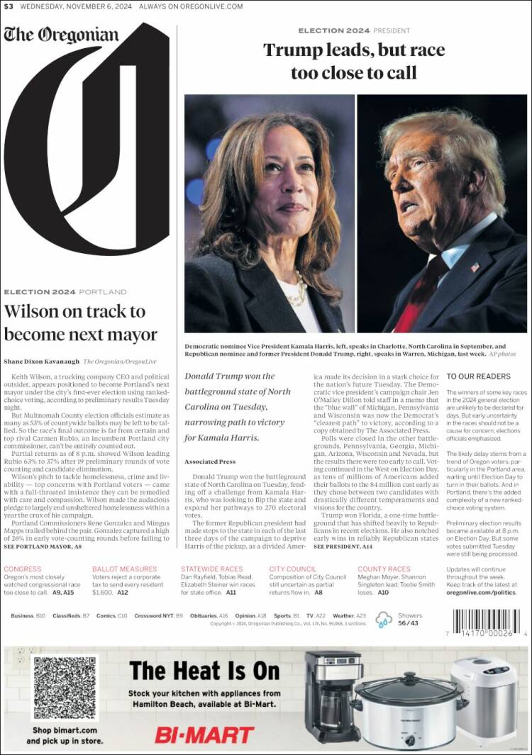 Portada de The Oregonian (USA)