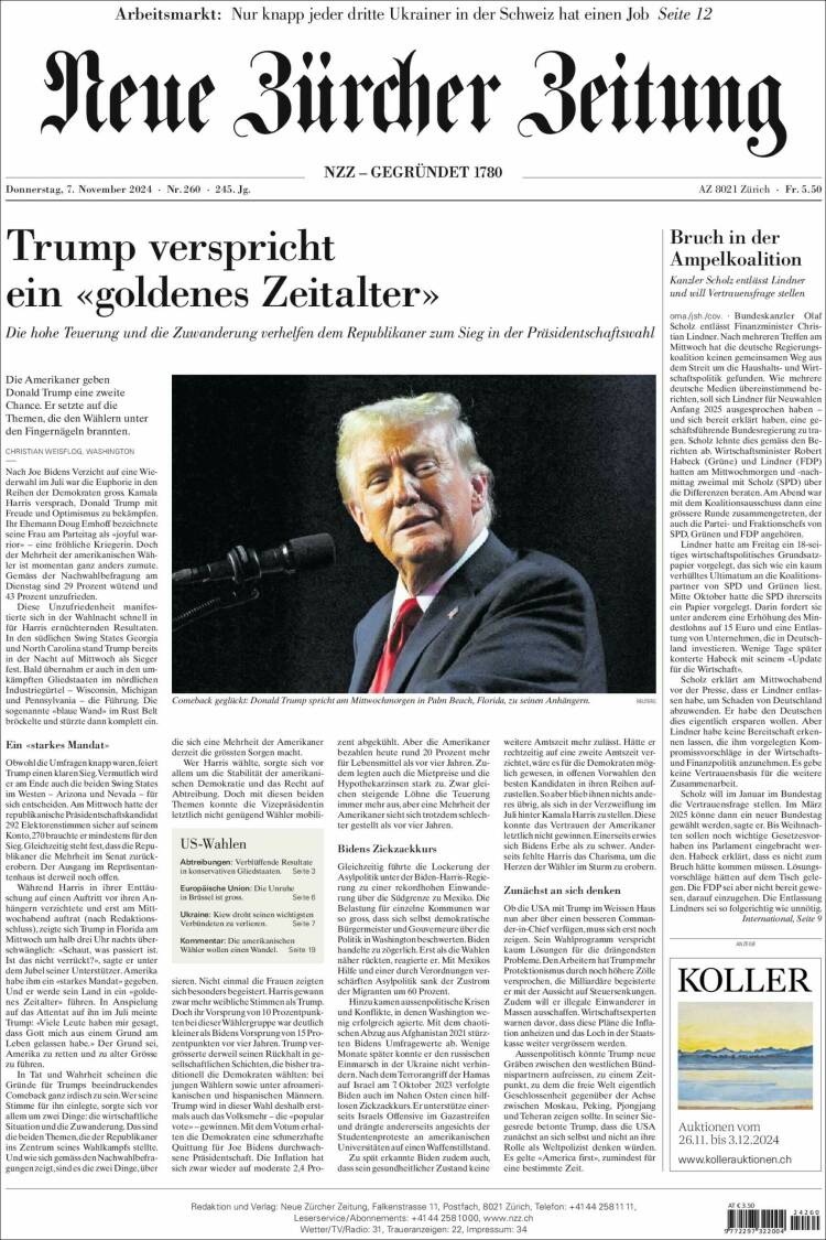 Portada de Neue Zürcher Zeitung (Suiza)