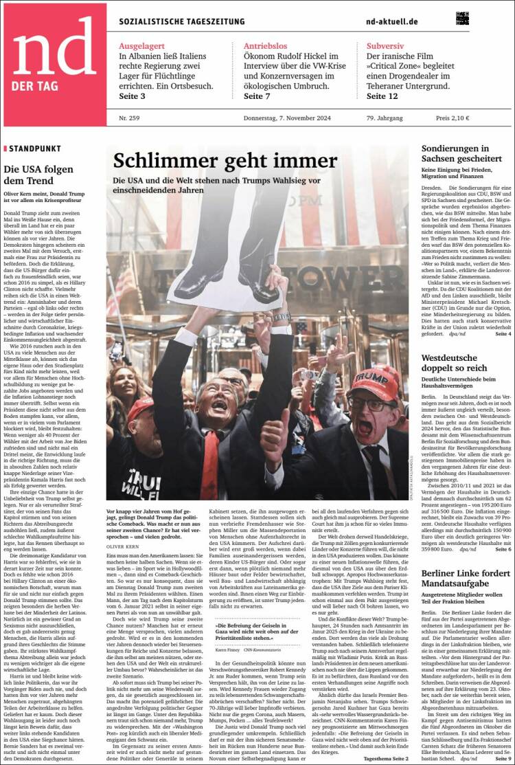 Portada de Neues Deutschland (Alemania)