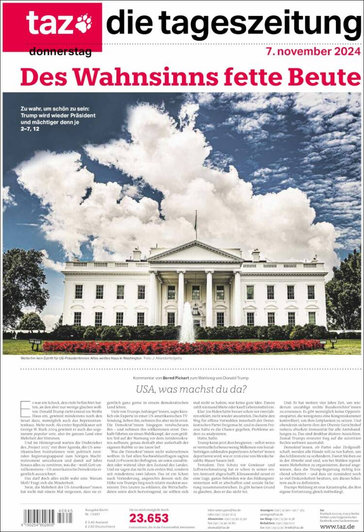 Portada de Die Tageszeitung (Alemania)