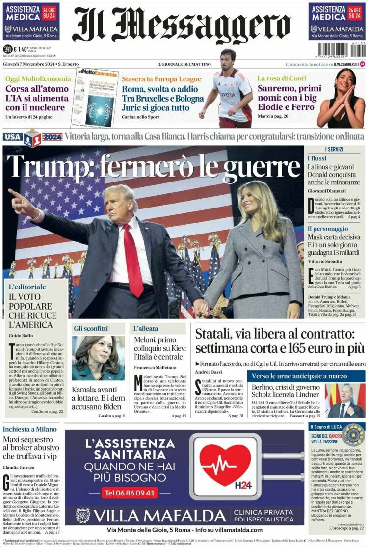 Portada de Il Messaggero (Italia)