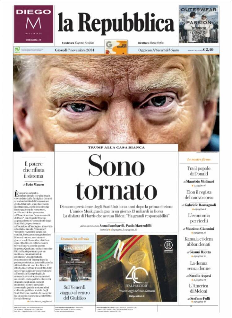 Portada de La Repubblica (Italia)