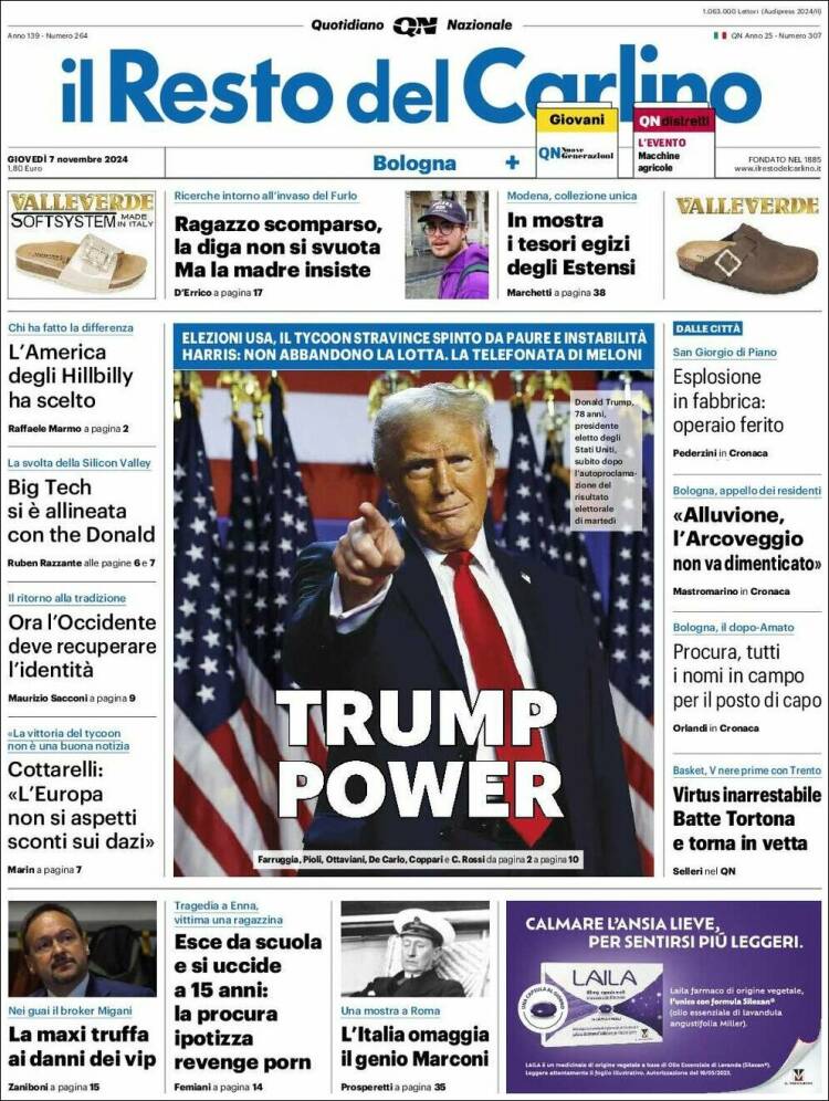 Portada de Il Resto del Carlino (Italia)