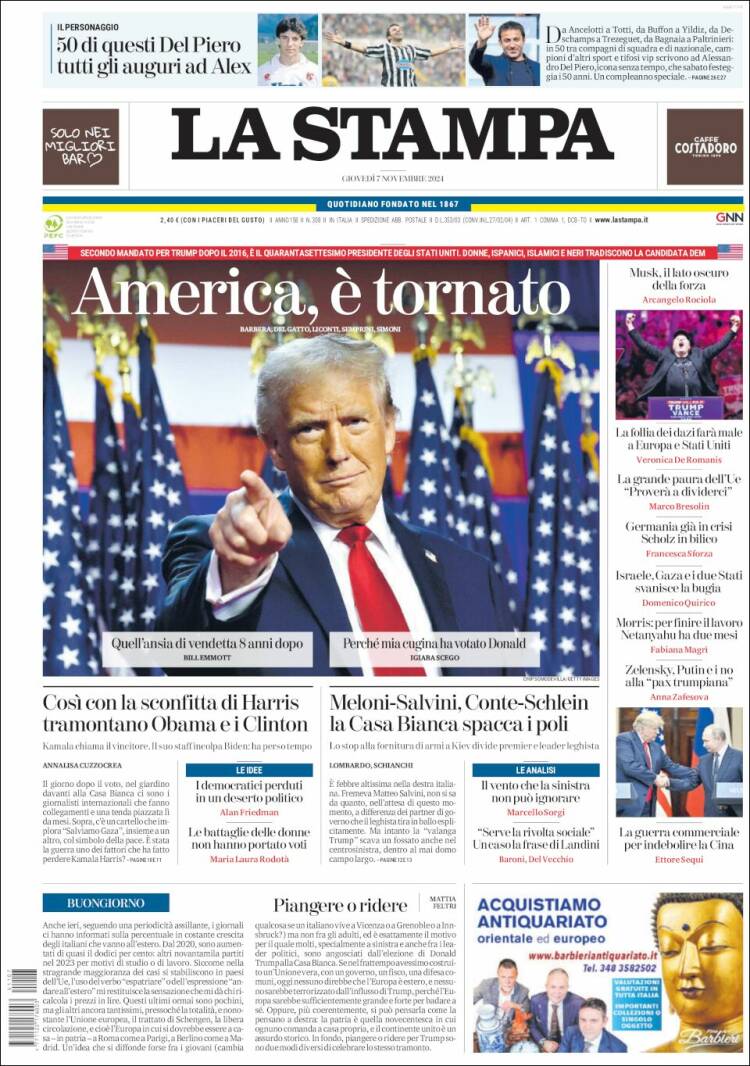 Portada de La Stampa (Italia)