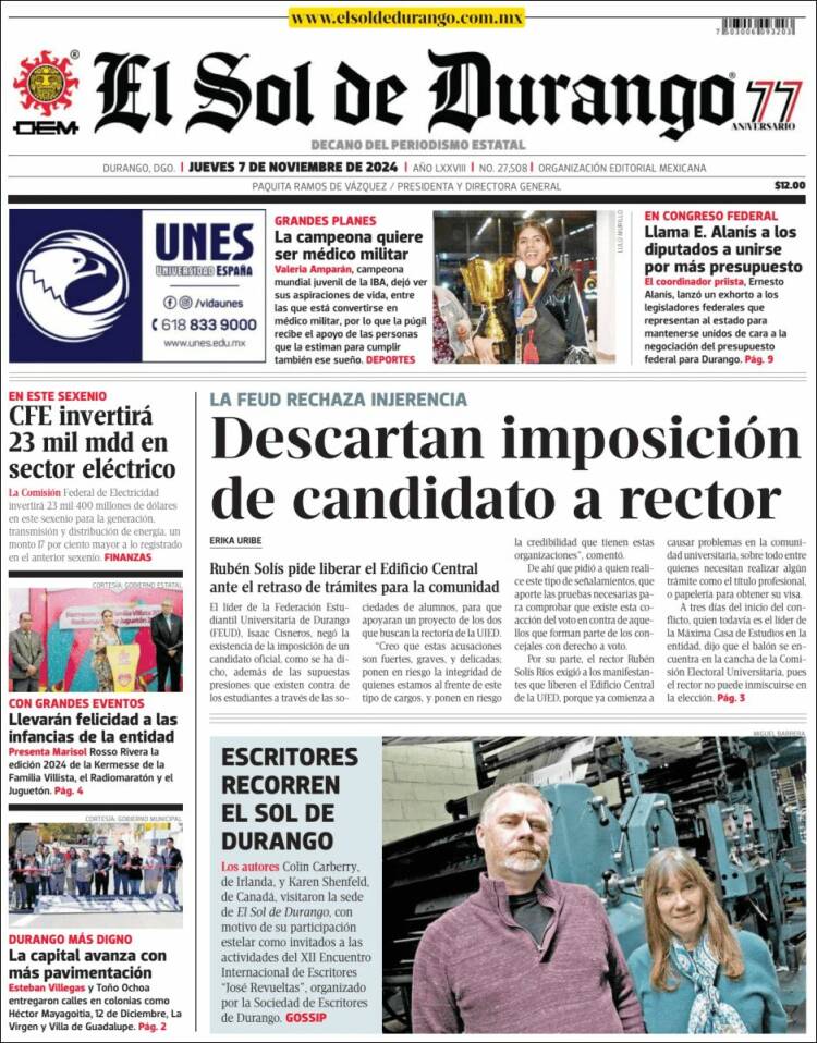 Portada de El Sol de Durango (M&eacute;xico)