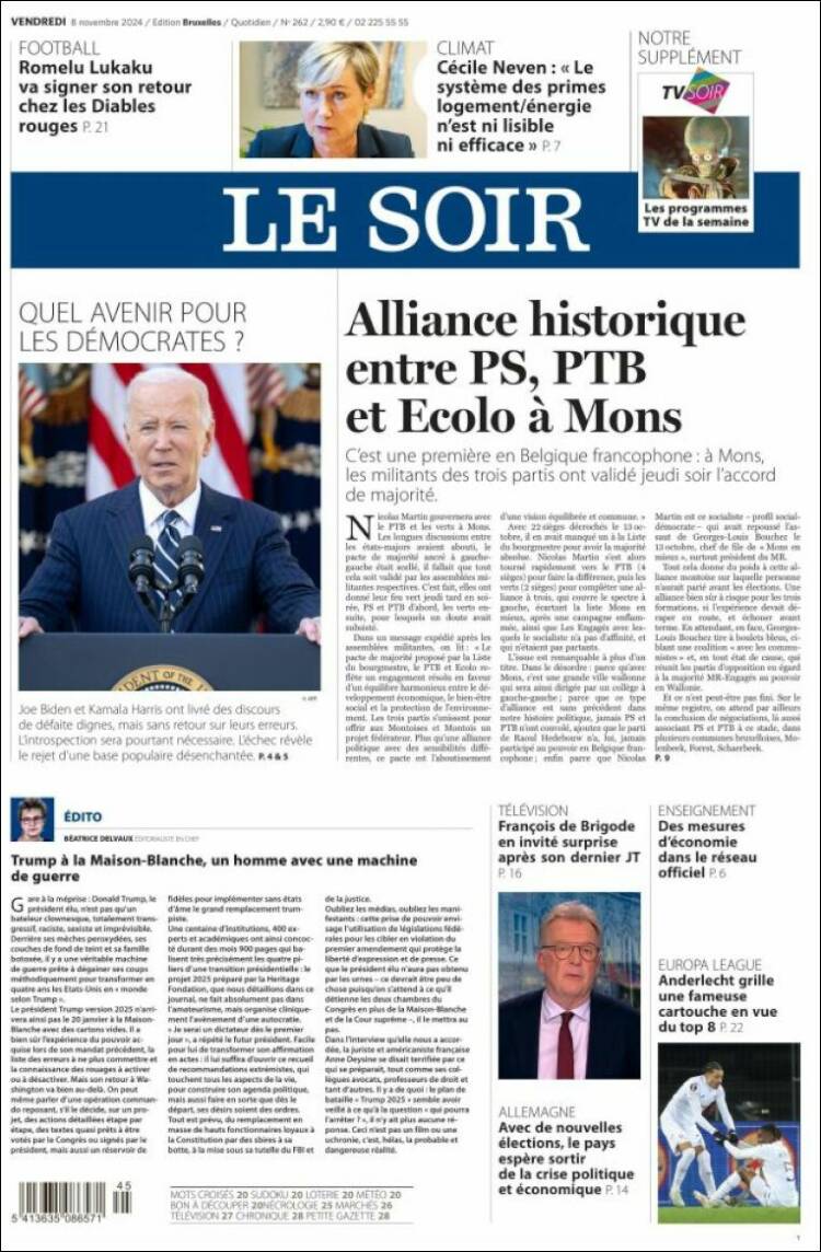 Portada de Le Soir (B&eacute;lgica)