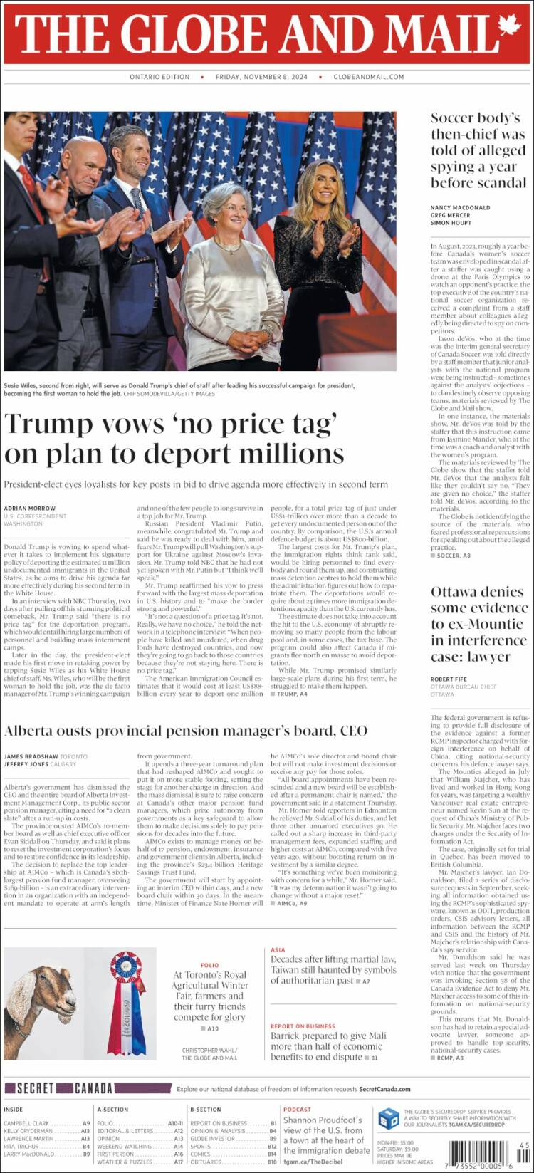 Portada de The Globe and Mail (Canadá)