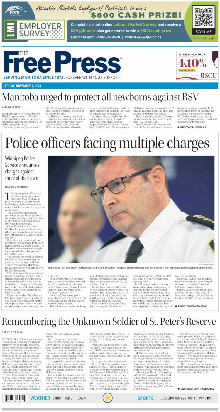 Portada de Winnipeg Free Press (Canadá)