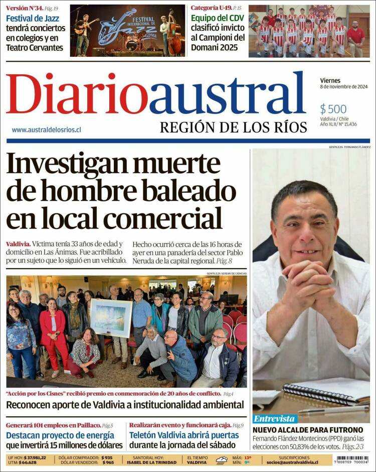 Portada de El Diario Austral de Valdivia (Chile)
