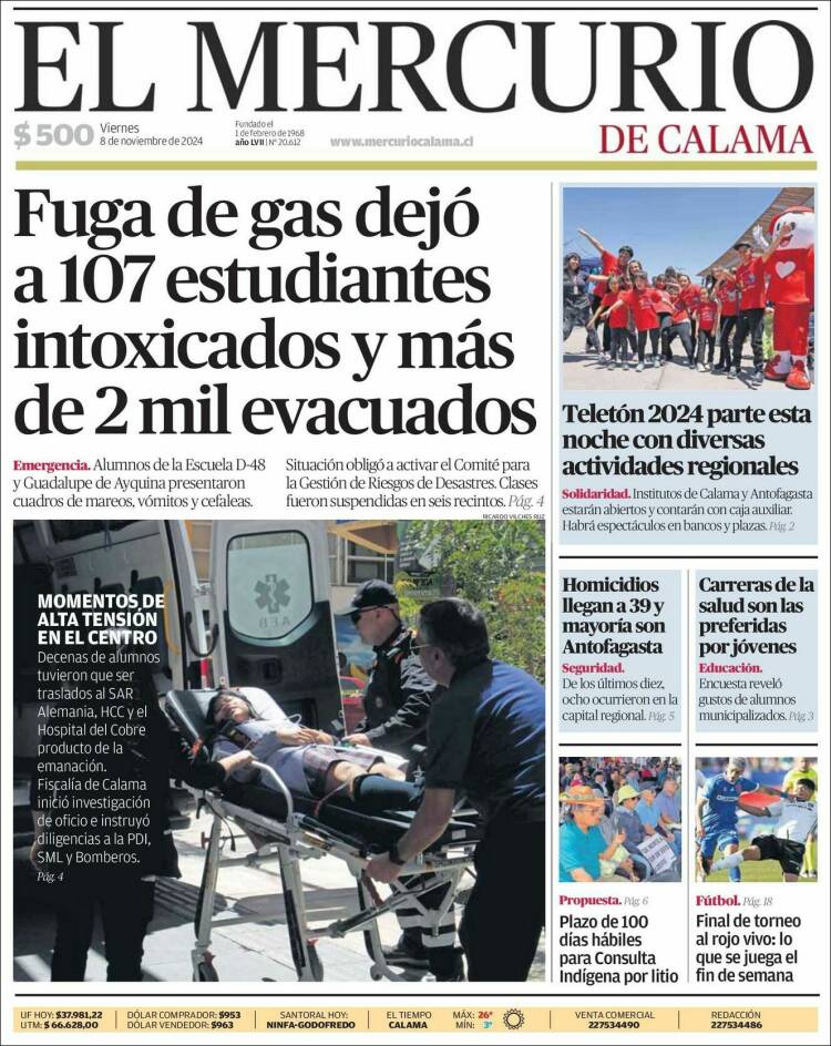 Portada de El Mercurio - Calama (Chile)