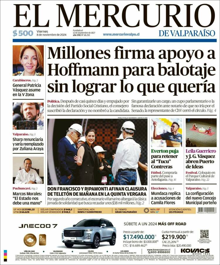 Portada de Mercurio de Valparaiso (Chile)