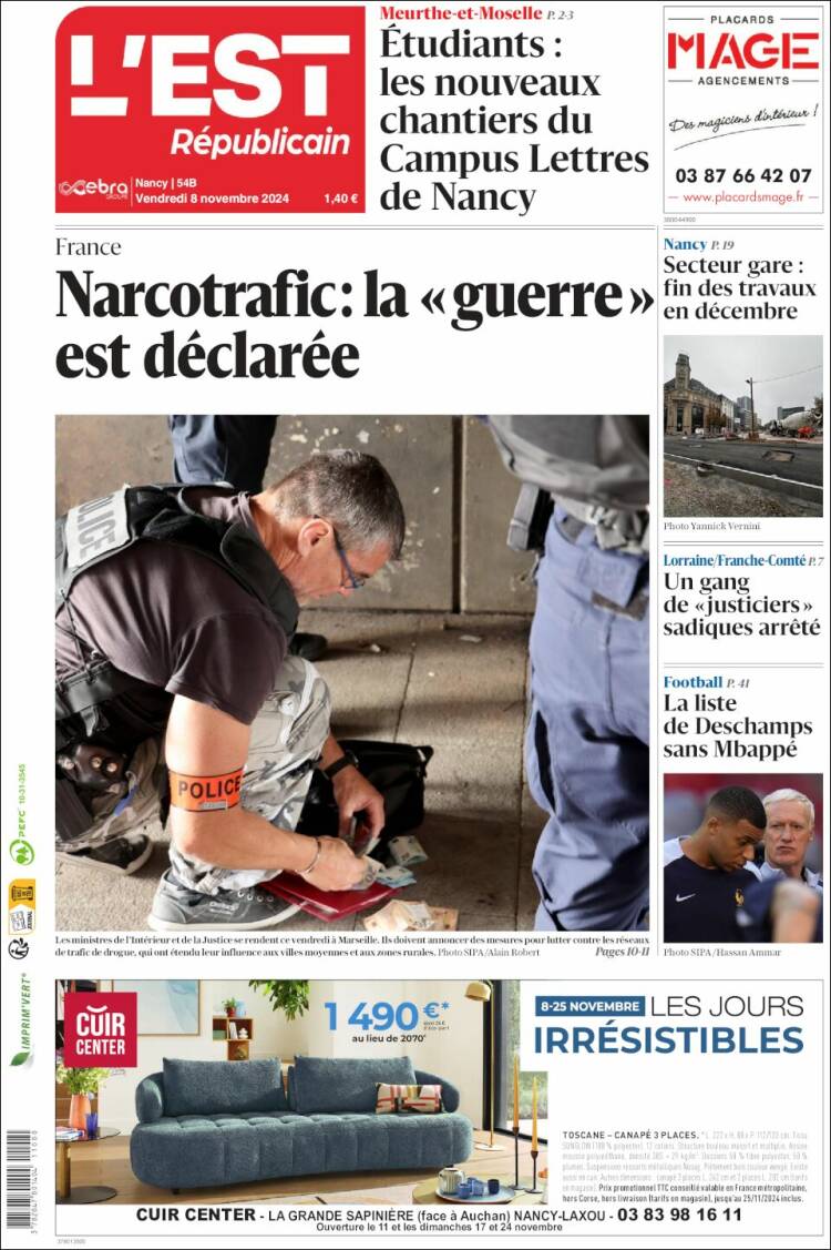 Portada de L'Est Republicain (Francia)
