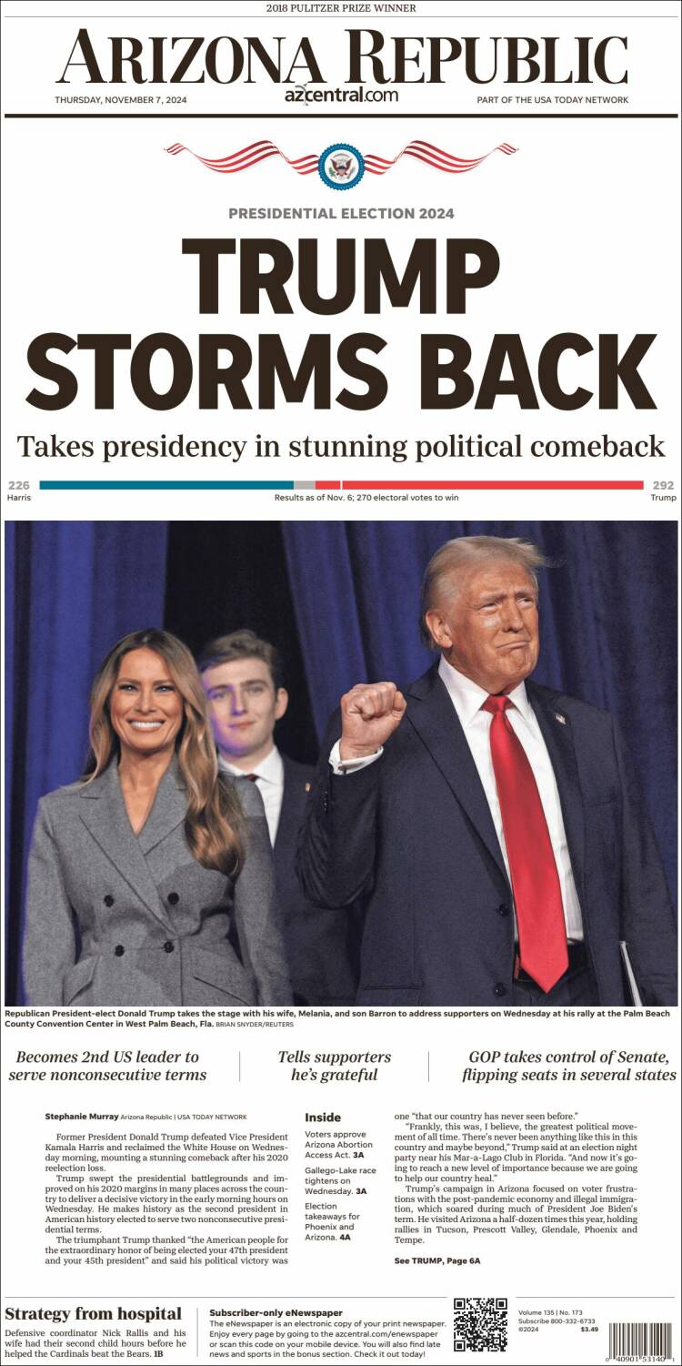 Portada de Arizona Republic News (USA)