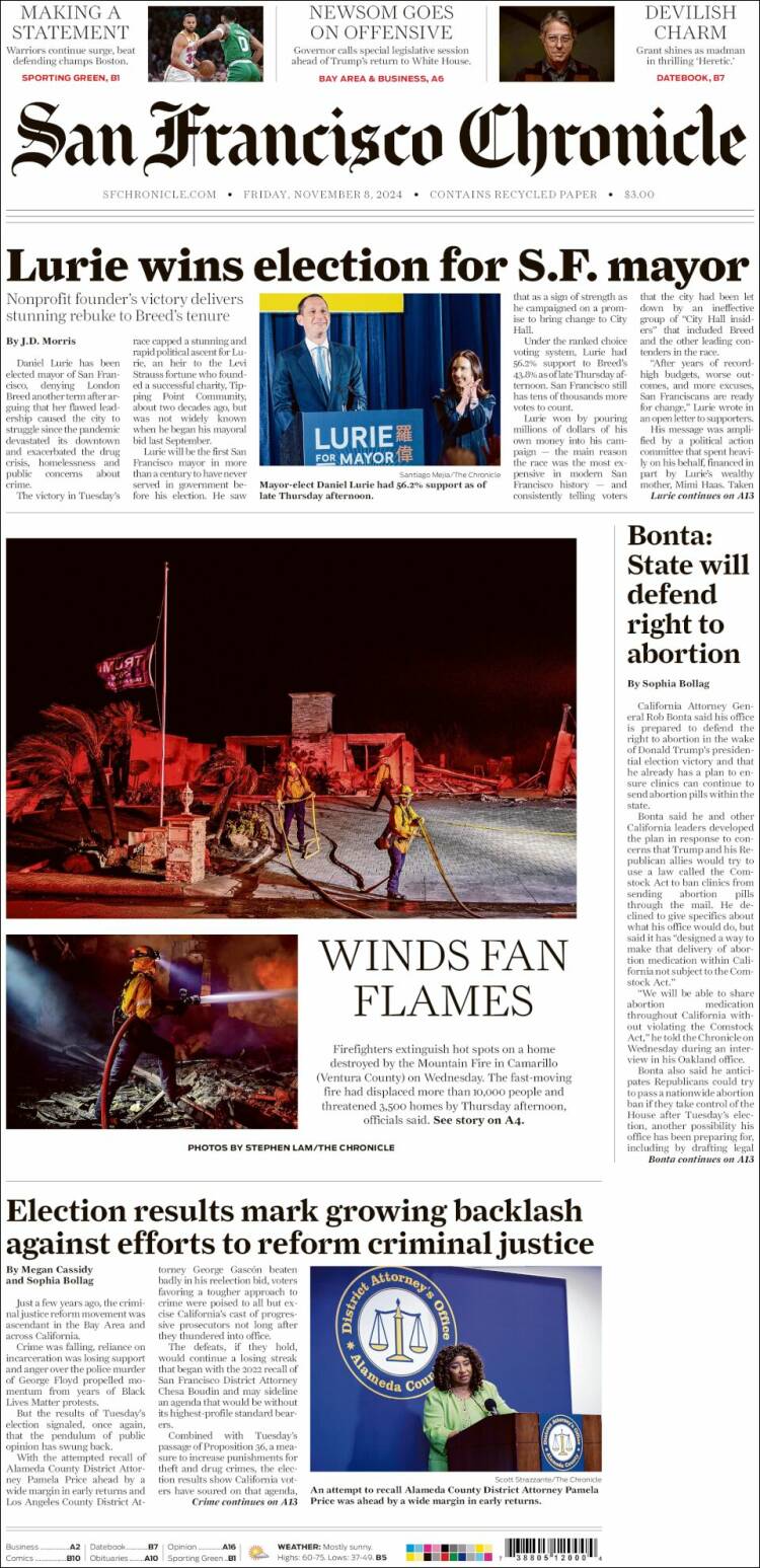 Portada de San Francisco Chronicle (USA)