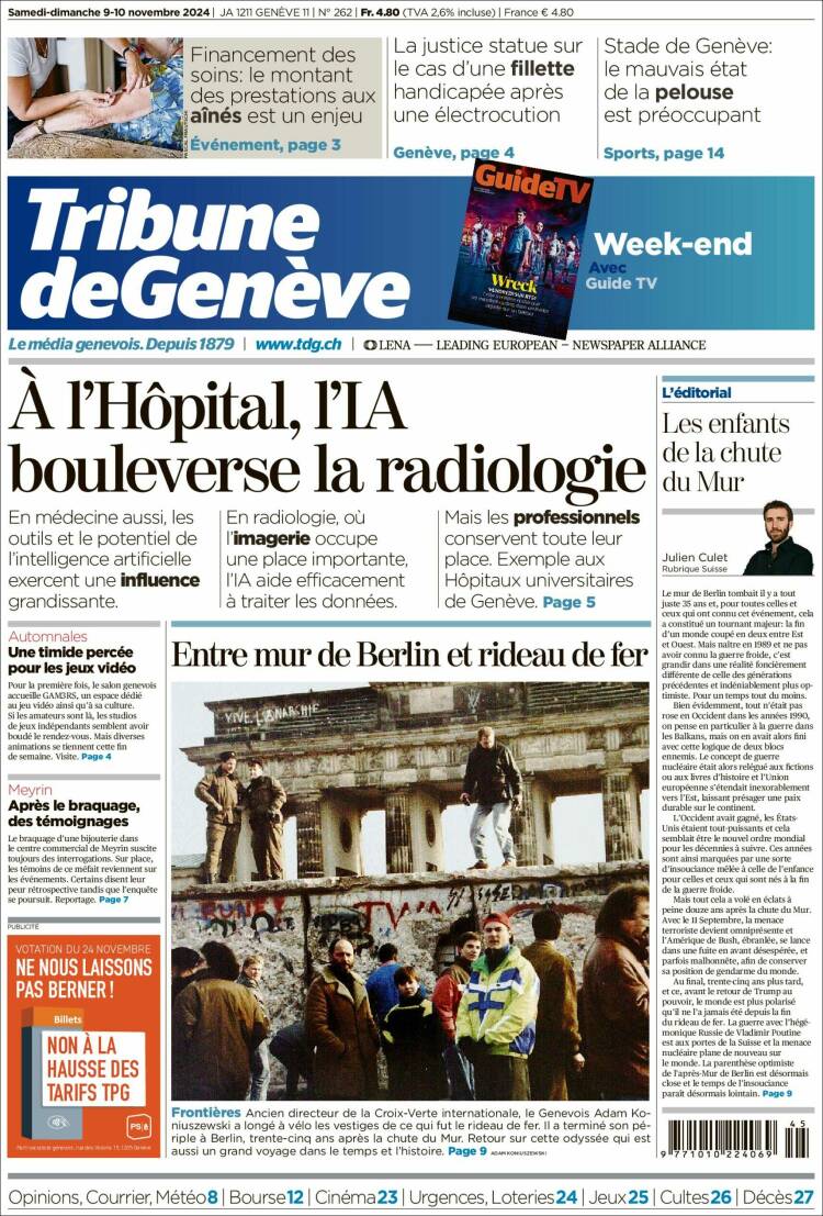 Portada de La Tribune de Genève (Suiza)