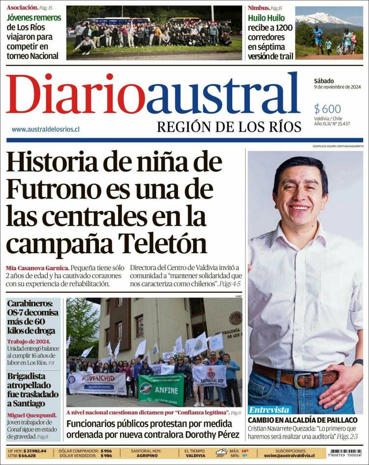 Portada de El Diario Austral de Valdivia (Chile)