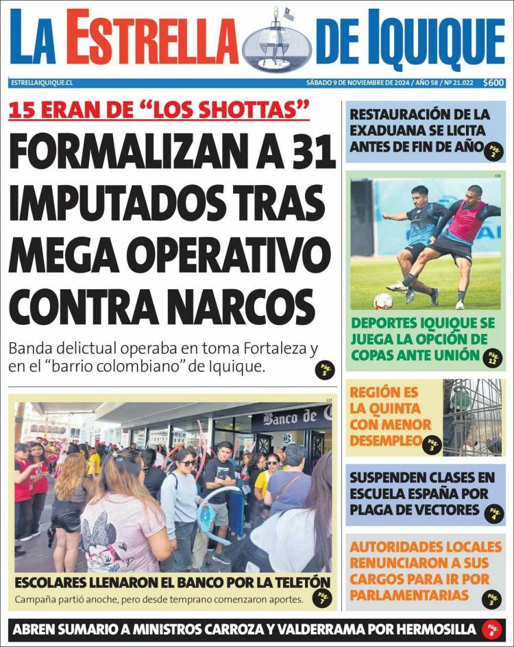 Portada de La Estrella de Iquique (Chile)