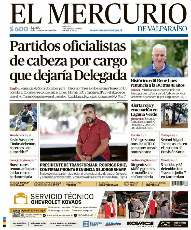 Portada de Mercurio de Valparaiso (Chile)