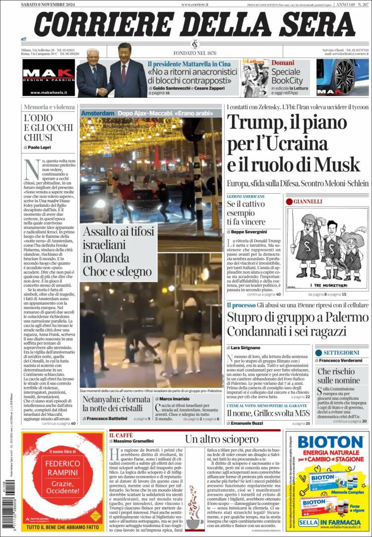 Portada de Corriere della Sera (Italia)