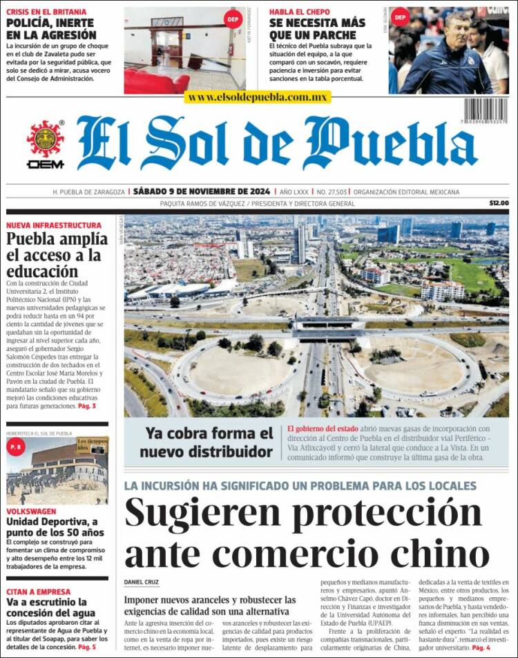 Portada de El Sol de Puebla (M&eacute;xico)