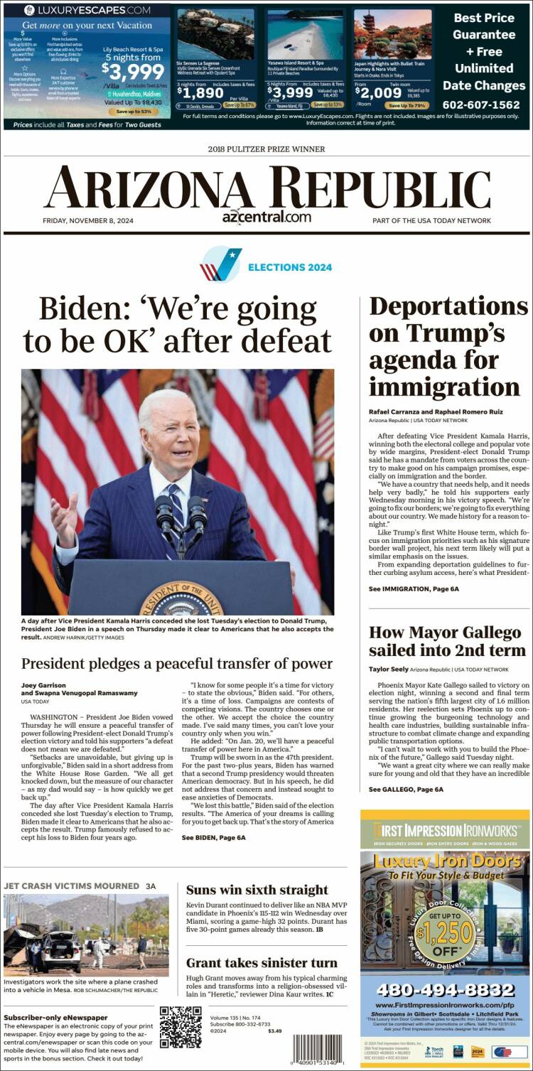 Portada de Arizona Republic News (USA)