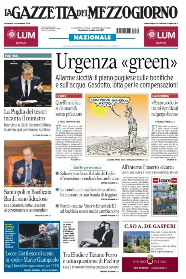 Portada de La Gazzetta del Mezzogiorno (Italia)