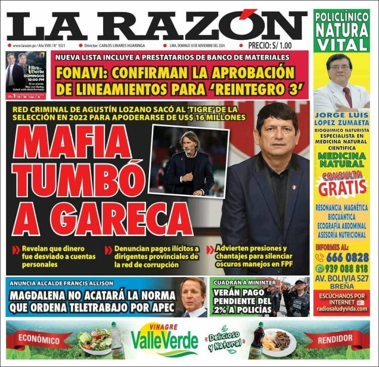 Portada de La Razón (Per&uacute;)