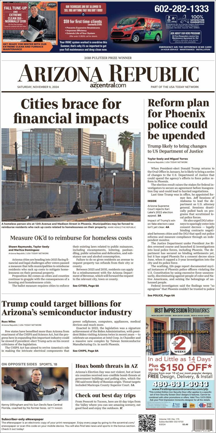 Portada de Arizona Republic News (USA)