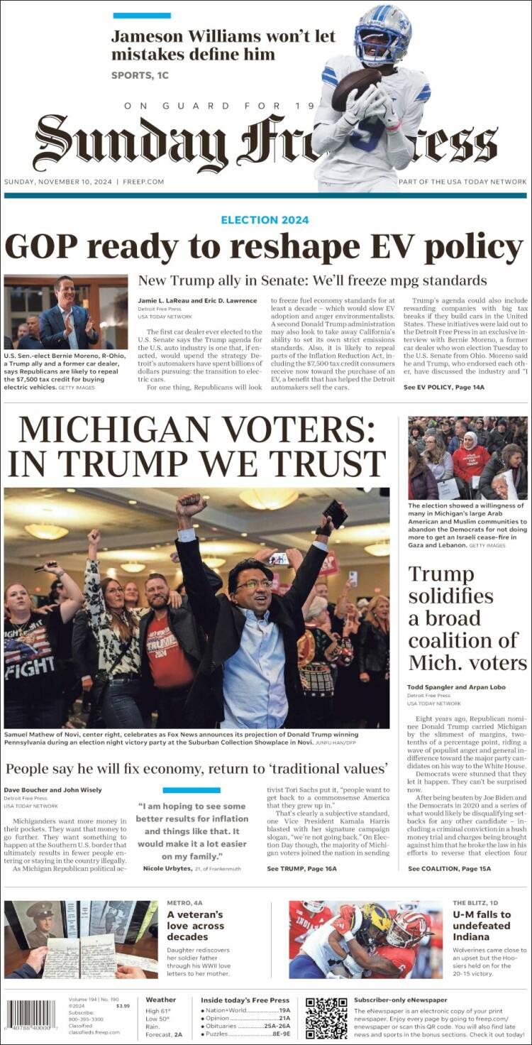 Portada de Detroit Free Press (USA)