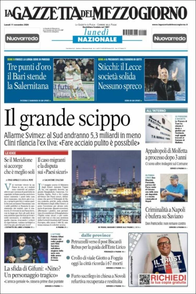 Portada de La Gazzetta del Mezzogiorno (Italia)